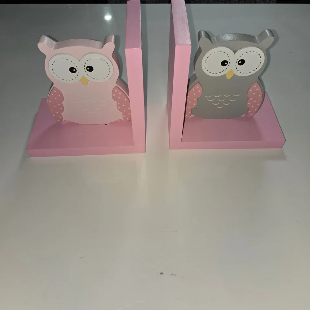 Pink and Grey Wooden Owl Bookends for Kids Nursery Woodland Decor Set of 2